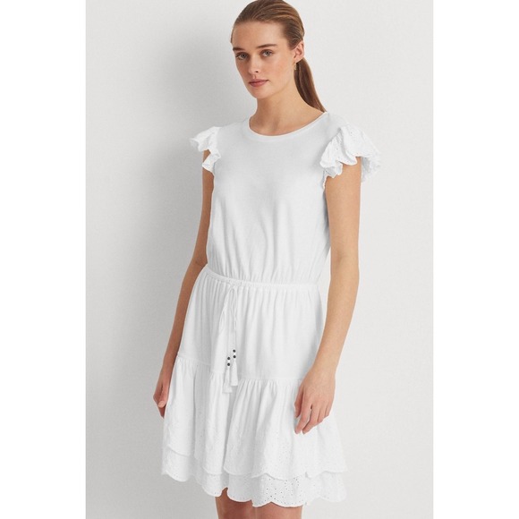 Lauren Ralph Lauren White NWT Eyelet Ruffle Sleeve Tiered Dress Women's Size 12 - Picture 1 of 10